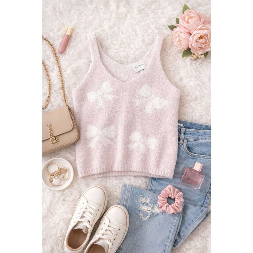 Pink Rose Fuzzy Knit‎ Bow Tank Top Women XL Soft Coquette Sleeveless Sweater